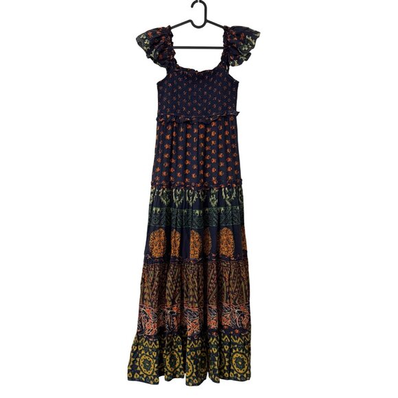 Love The Label Smocked Ruffle Strap Tiered Tribal Boho Maxi Dress Womens XSmall - Picture 1 of 6